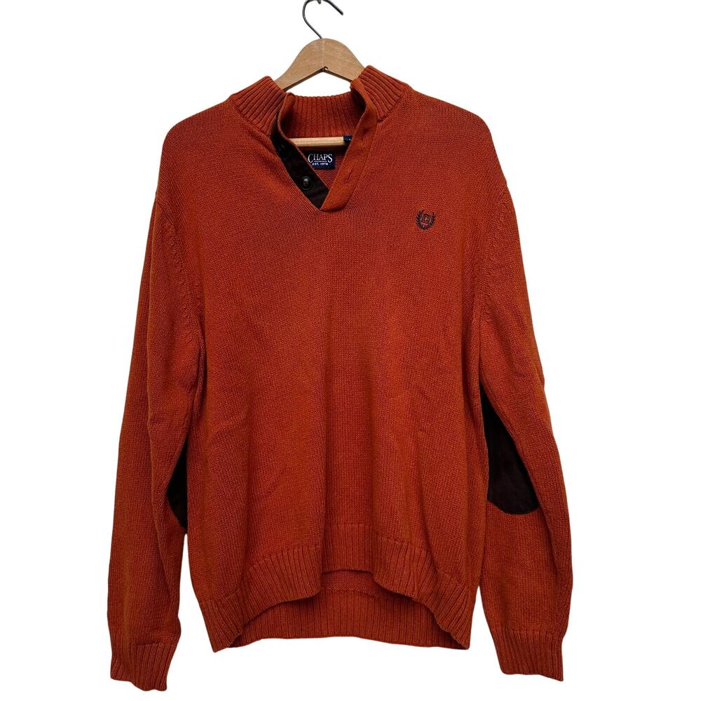 Chaps Rust Orange 100% Cotton Pullover Sweater L Elbow Patch Button Neck